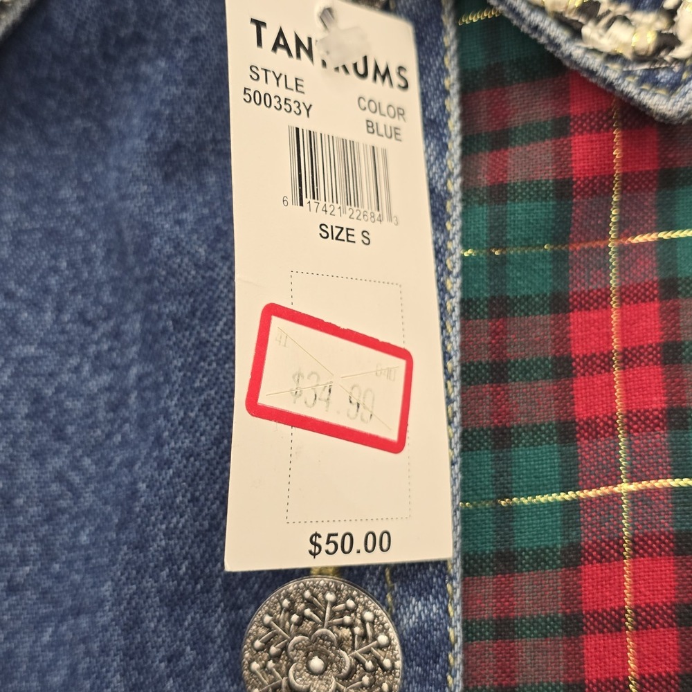 Vintage 90s Tantrums Christmas Denim Jacket Womens S Patchwork Santa NWT - Picture 4 of 8